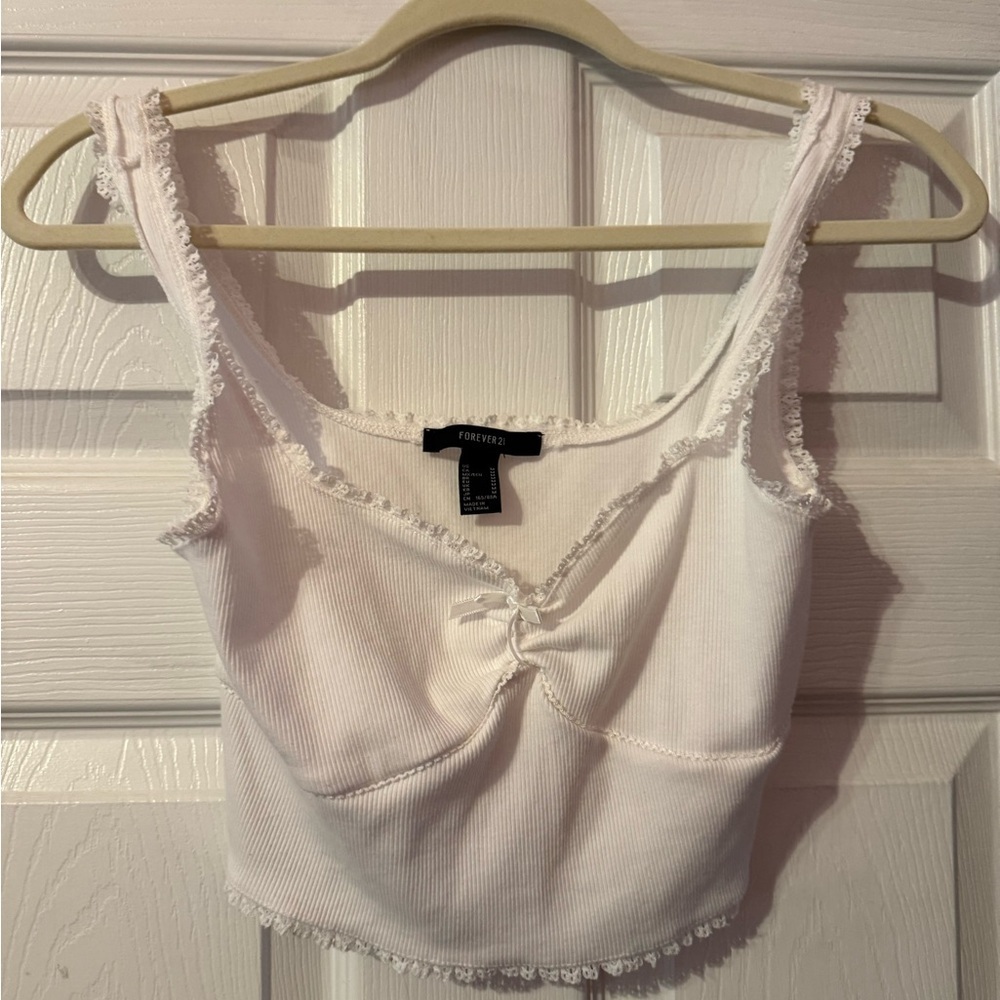 Forever 21 White Ribbed Tank Top with Lace Trim
